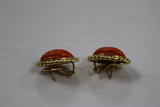 A pair of yellow metal and fluted coral oval earrings, 24mm.